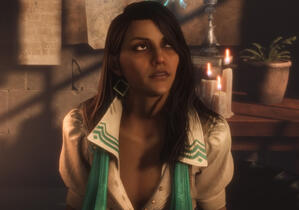 a screenshot of Neve Gallus from Dragon Age The Veilguard looking upward to her left.